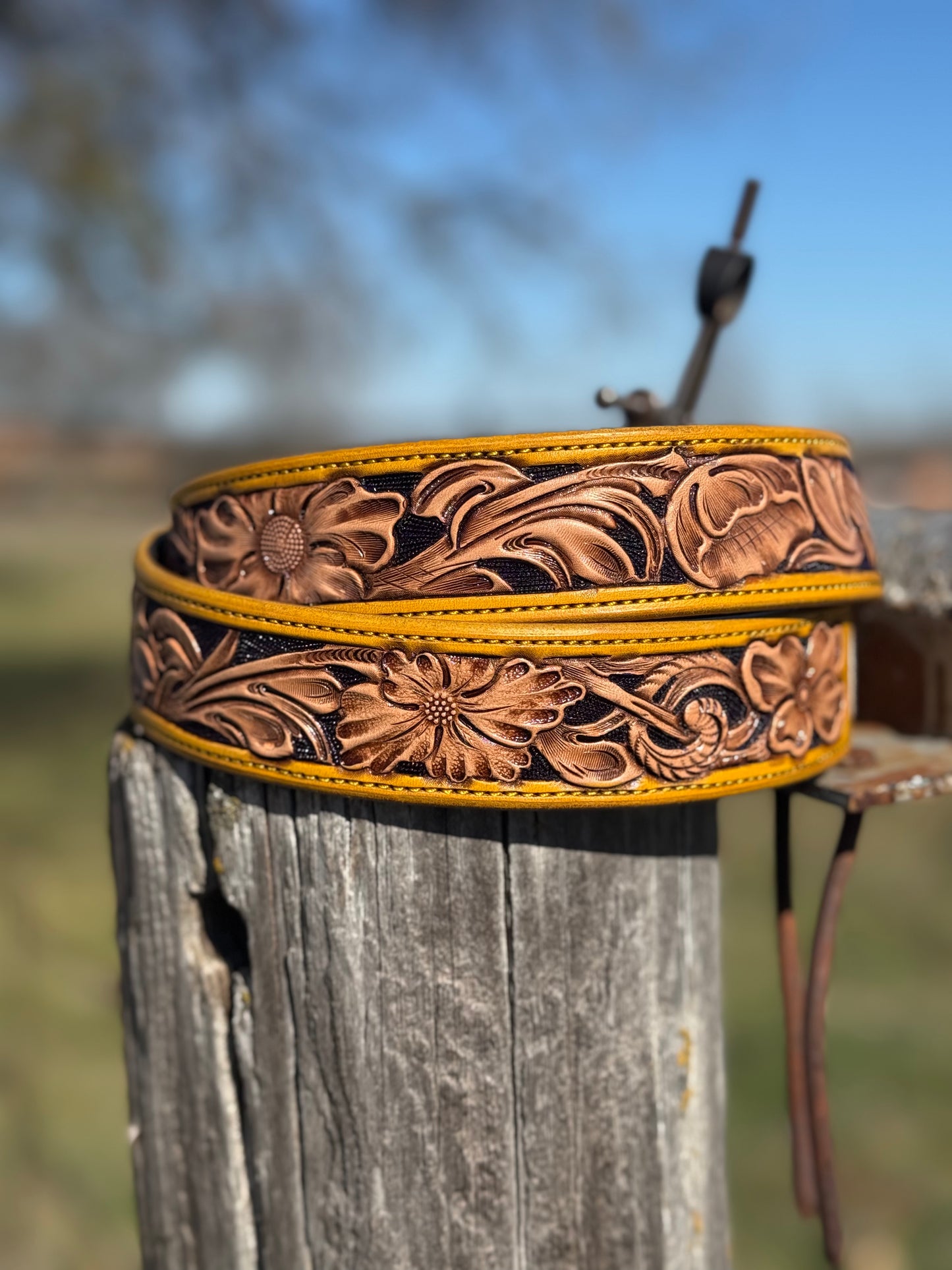 Tooled Floral Belt/ Yellow border with Dark Purple Background