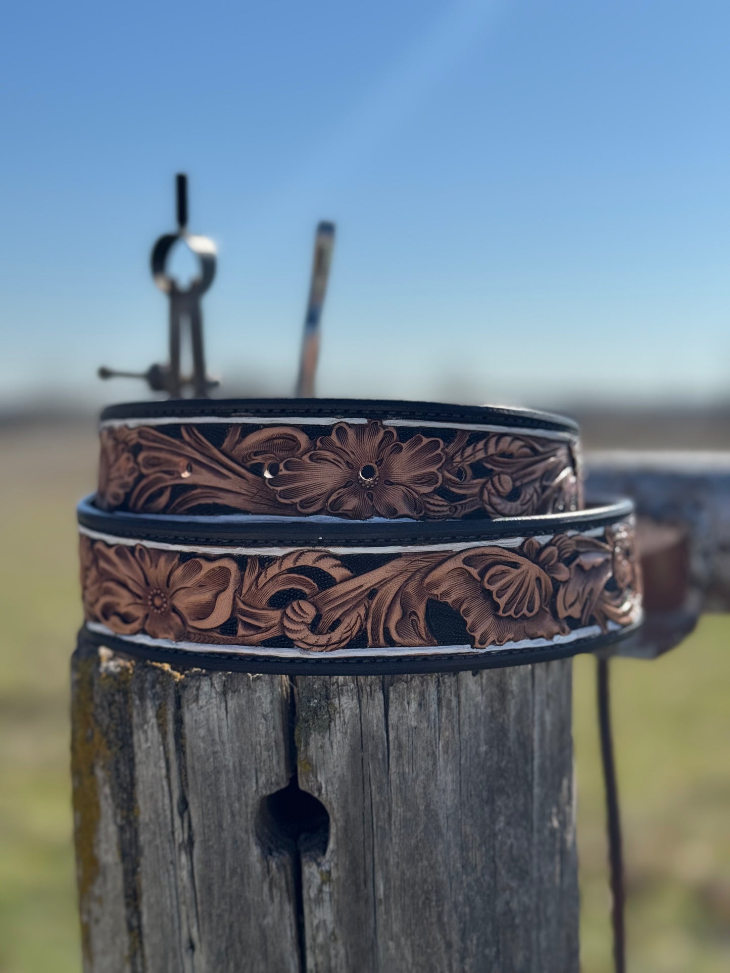 Tooled Floral Belt/ Black and White