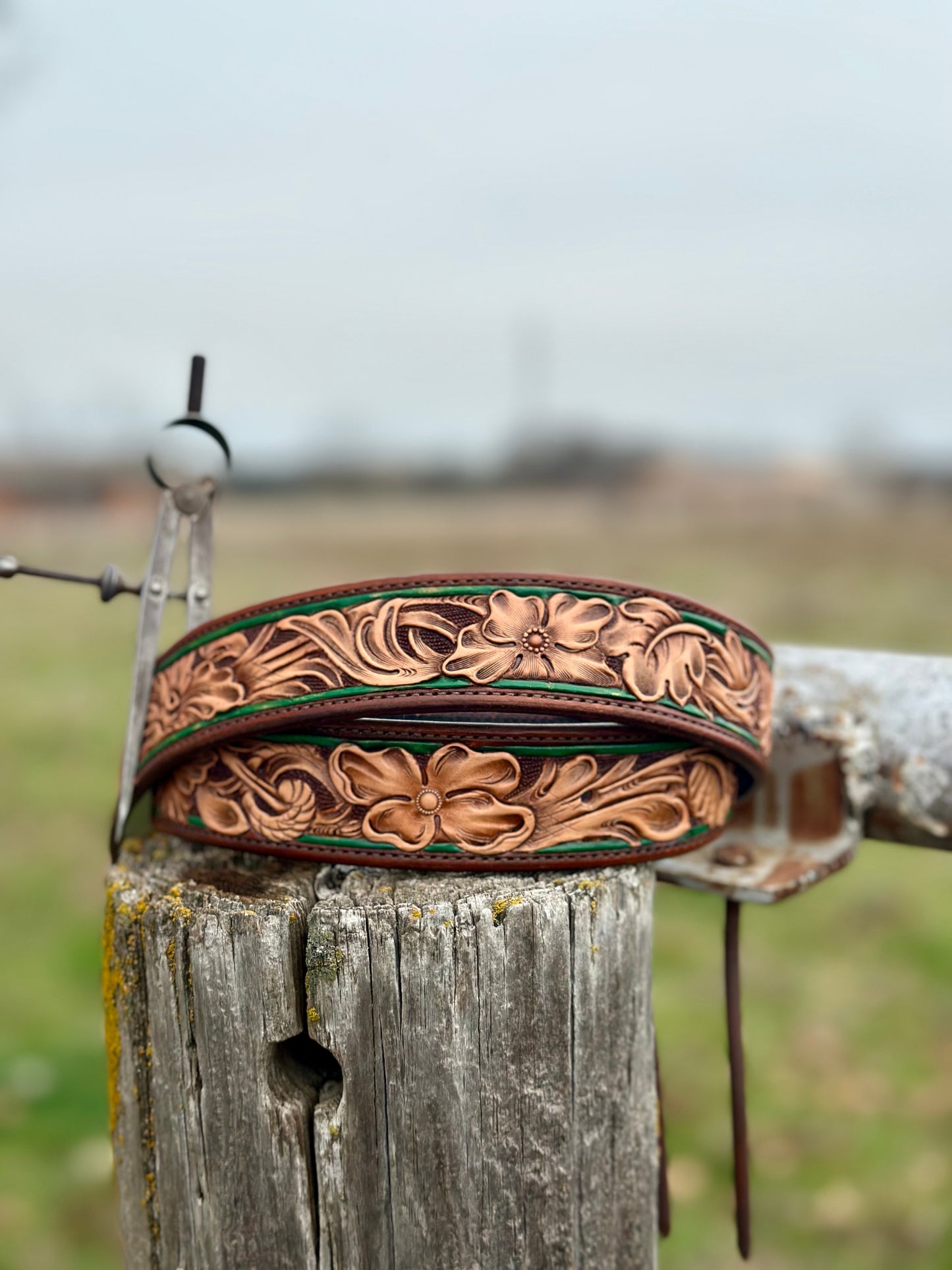 Tooled Floral Belt/ Golden Brown and Green