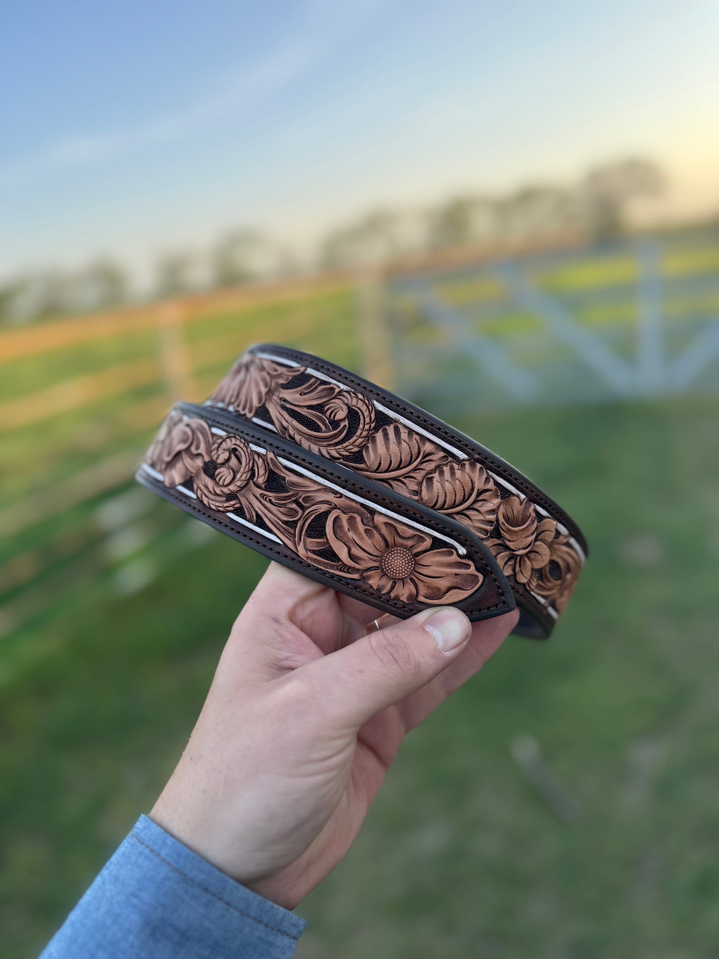 Tooled Floral Belt/ Chocolate with white line
