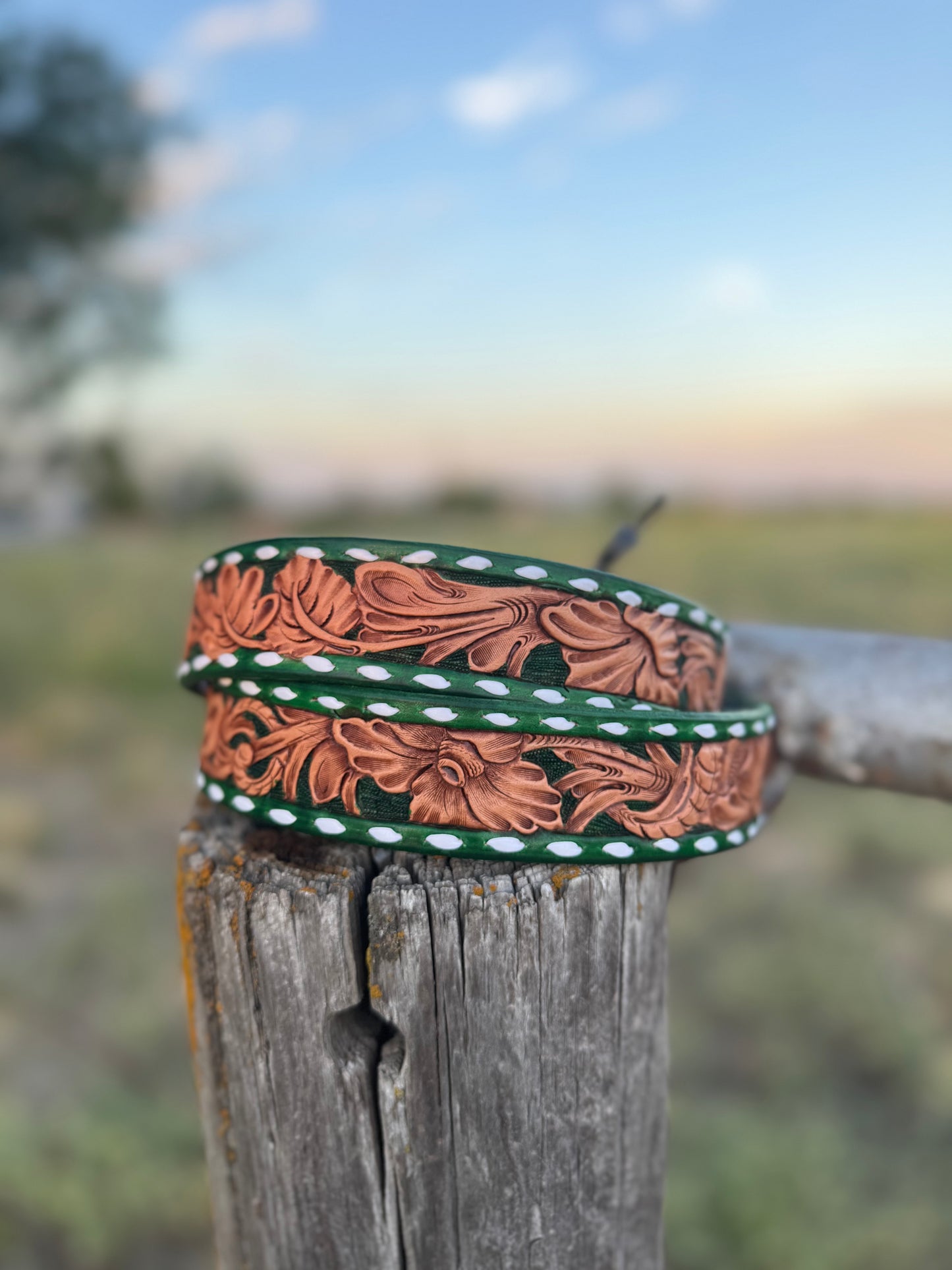 Tooled Floral Belt/Buck Stitched/Green