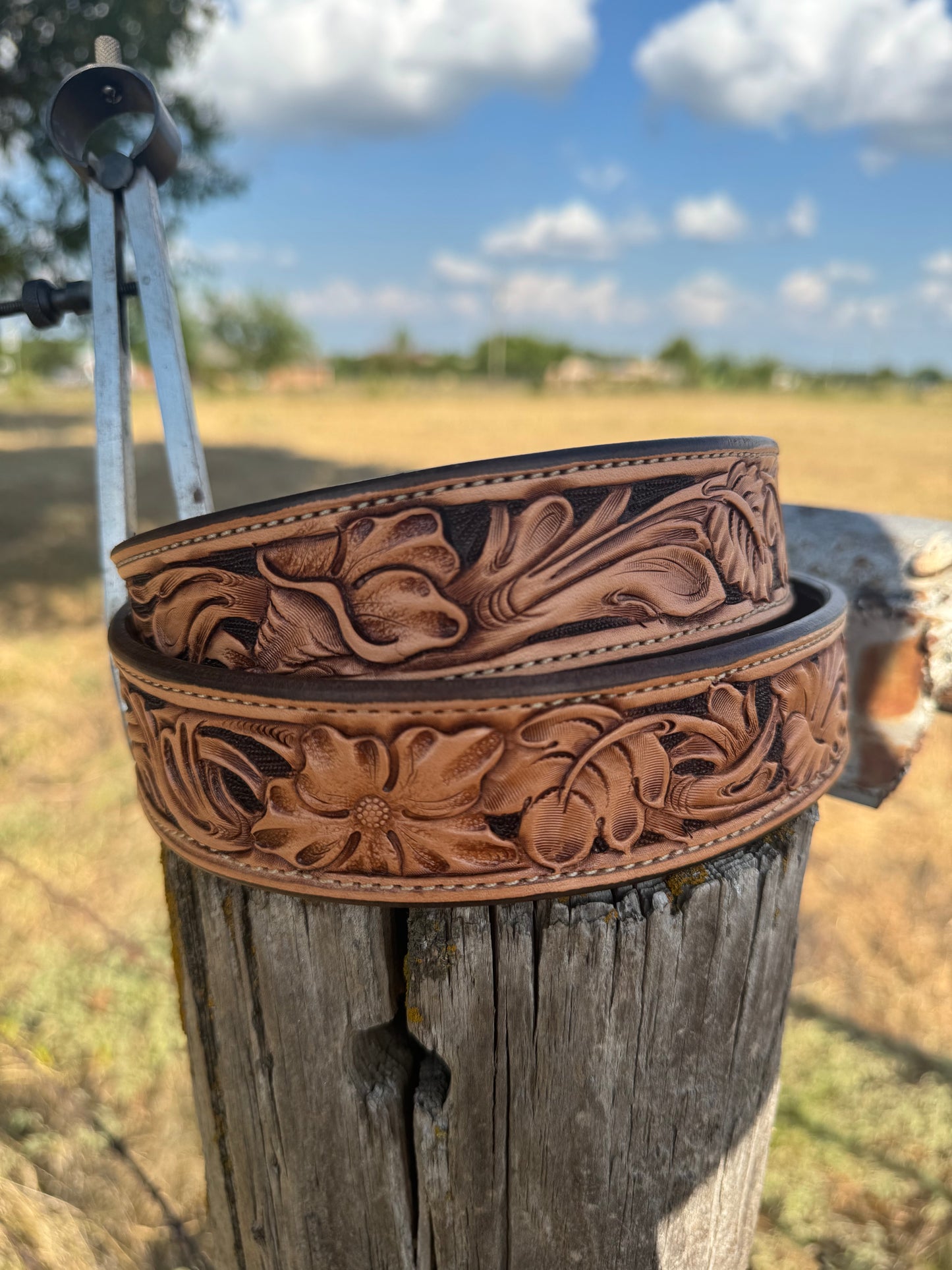 Tooled Floral Belt/Chocolate Background