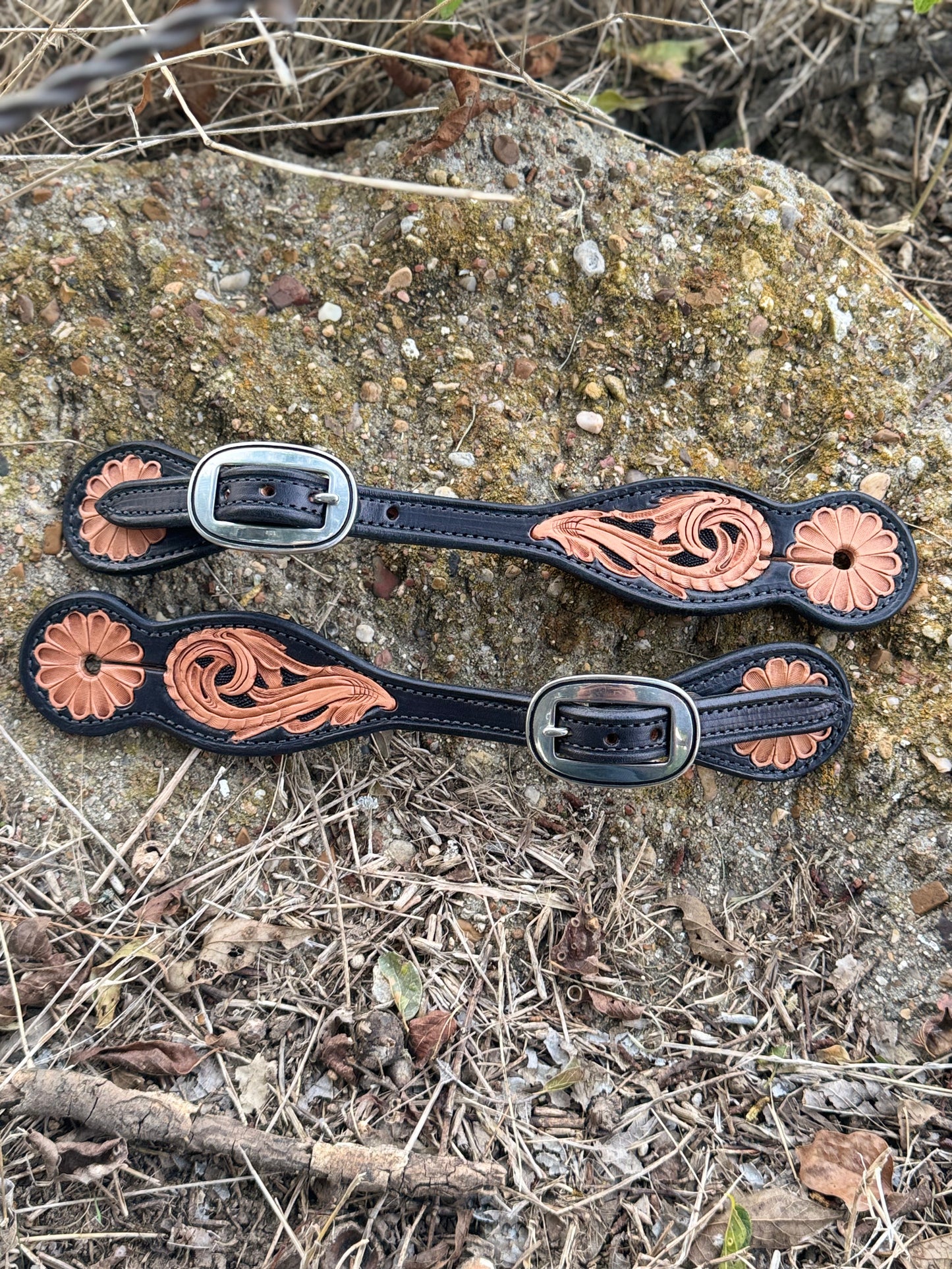 Tooled Spur Straps/Black