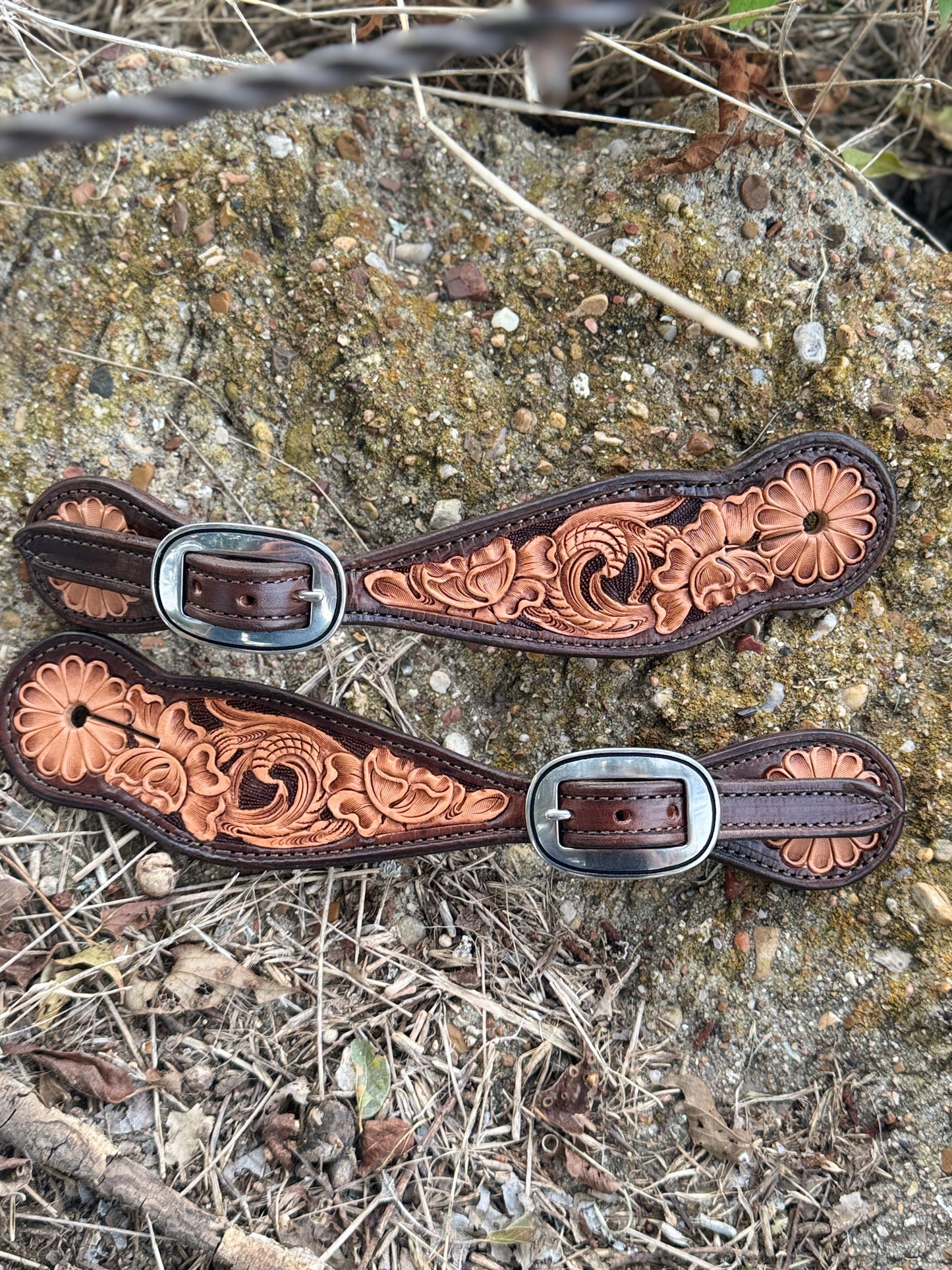 Tooled Spur Straps/Chocolate