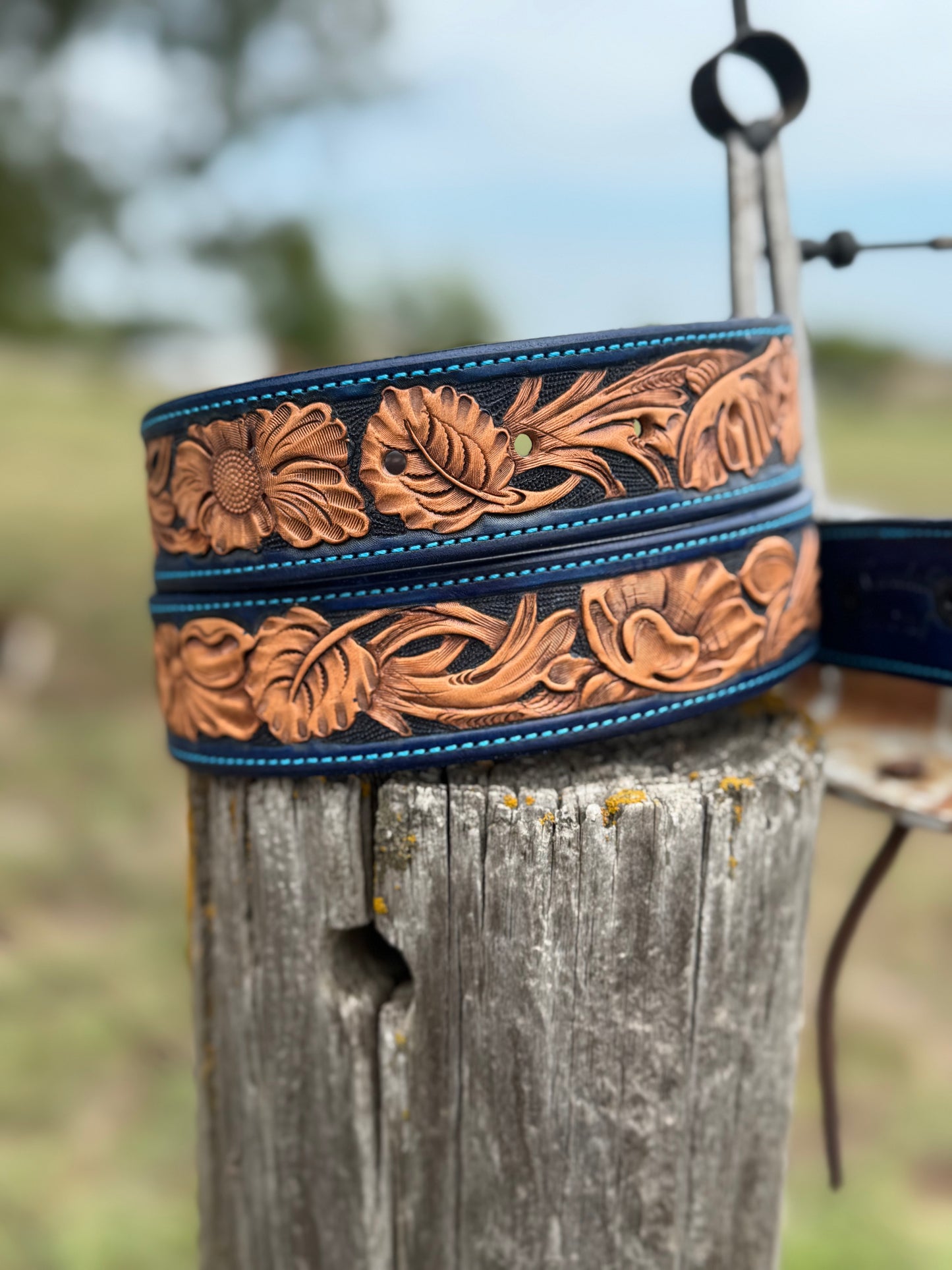 Tooled Floral Belt/Blue
