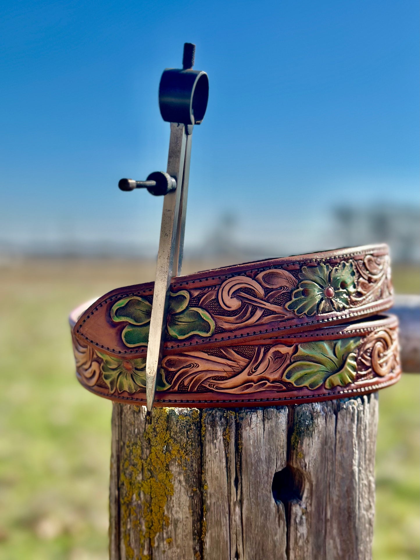 Tooled Floral Belt/Accented Green Flowers