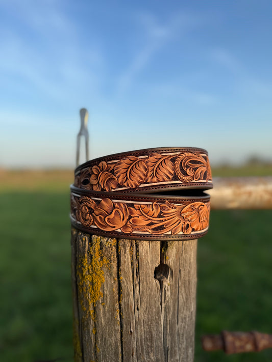 Tooled Floral Belt/ Chocolate with white line