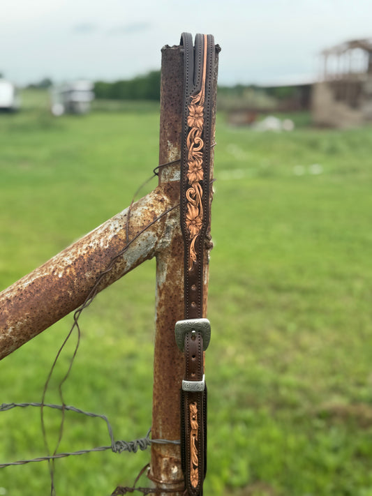 Tooled Split Ear Headstall/Chocolate