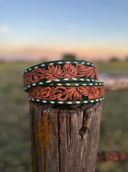 Tooled Floral Belt/Buck Stitched/Green
