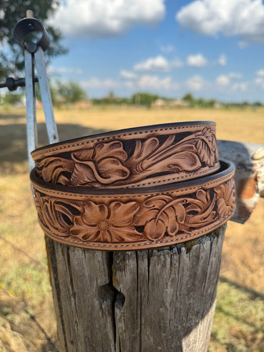 Tooled Floral Belt/Chocolate Background
