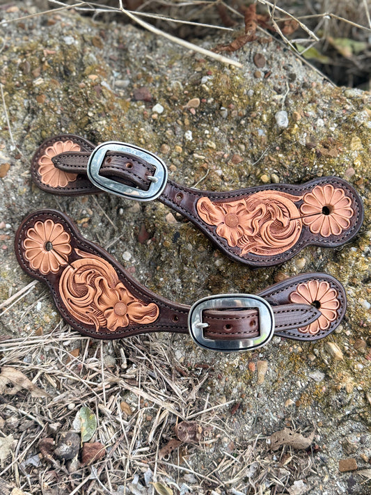 Women's Tooled Spur Straps/Chocolate border
