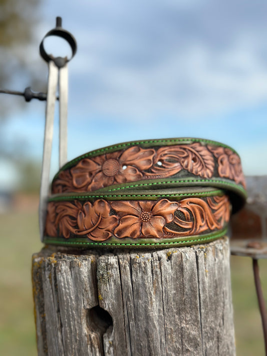 Tooled Floral Belt/Green