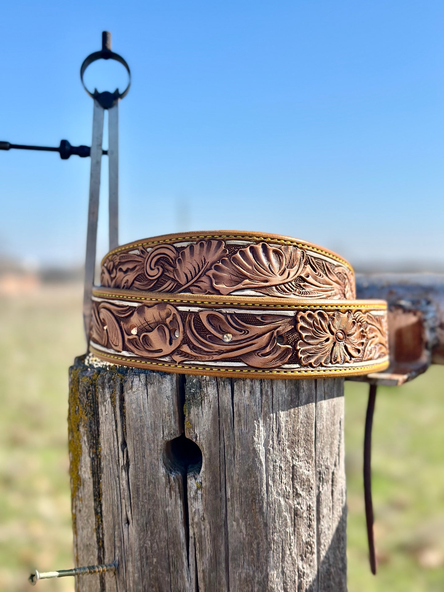 Tooled Floral Belt/ Yellow and White