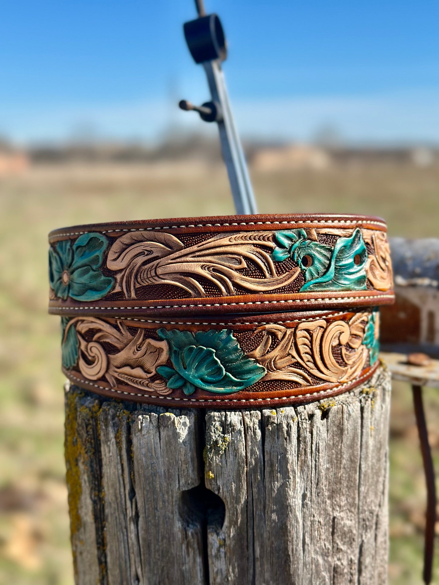 Tooled Floral Belt/Accented Turq. Flowers